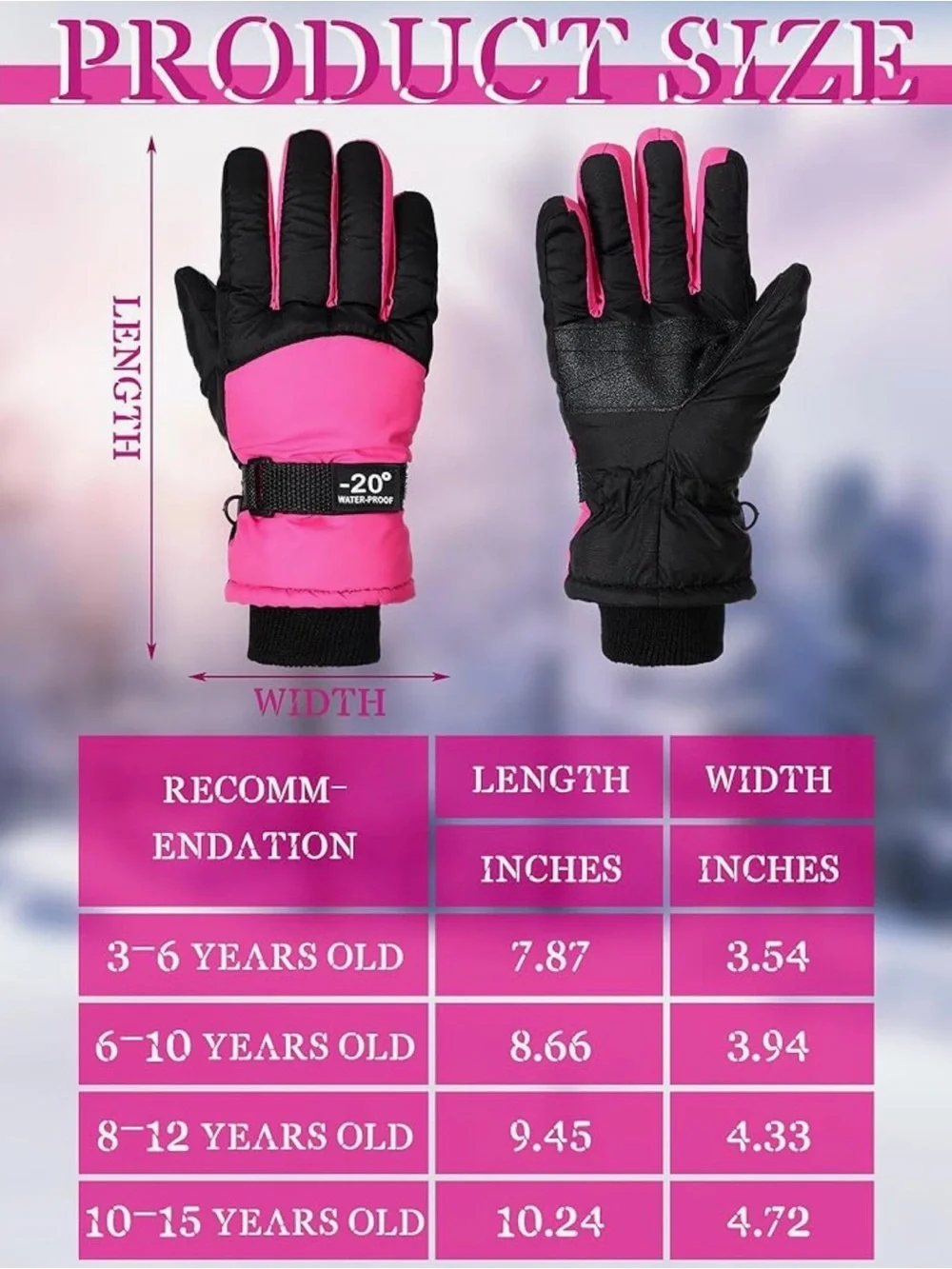 Kids Winter Ski Gloves - Pink/Hot Pink
